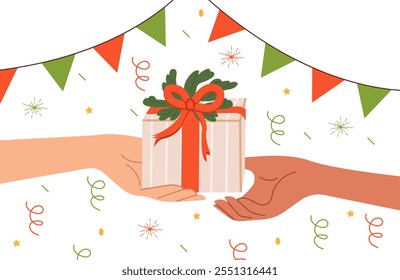 Christmas gift. Hands giving and holding wrapped holiday gifts. New year, Christmas celebration. Christmas template for card and banner.