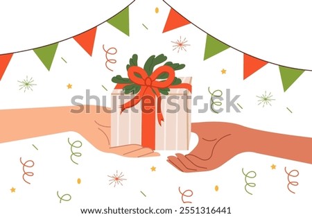 Christmas gift. Hands giving and holding wrapped holiday gifts. New year, Christmas celebration. Christmas template for card and banner.