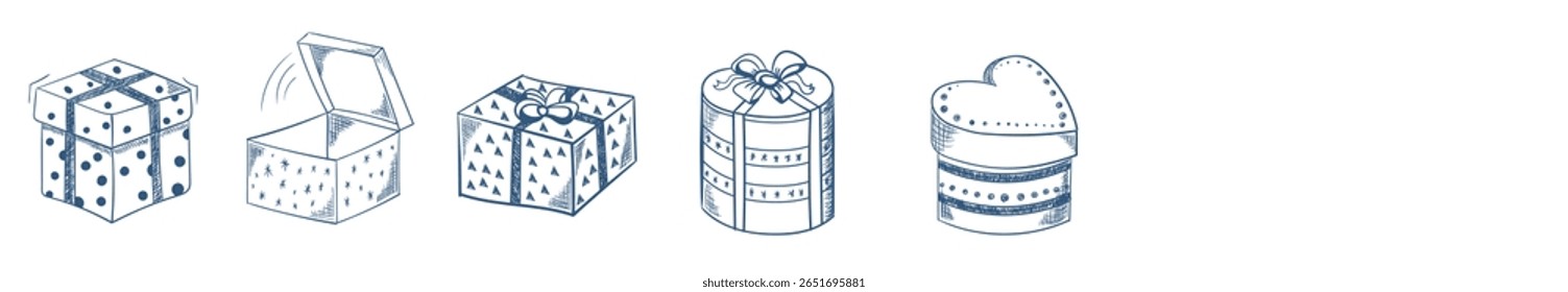 Christmas gift icon. Hand drawn sketch of present box with decorative ribbon. Vector holiday packaging set for sale, party and shopping. Cute xmas doodle design with joy and surprise element.

