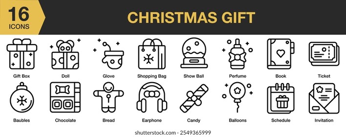 Weihnachtsgeschenk-Icon-Set. Enthält Geschenkbox, Puppe, Brot, Süßigkeiten, Schneeball, Parfüm, Ballons, Handschuh und mehr. Gliederungssymbole, Vektorsammlung.