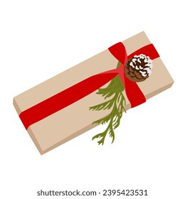 Christmas gift in kraft paper with red ribbon, boxwood sprig and cone in flat minimalistic style isolated on white background
