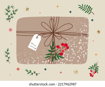 Christmas gift in kraft paper with tag and branches. Present box in craft wrapping paper with bow and branches. Colored flat vector illustration isolated on background.