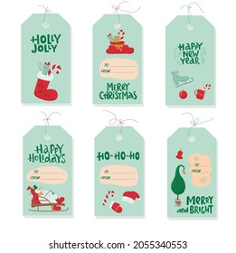 Christmas gift label tags set with handwritten lettering sign and decorative elements. Vector stock illustration isolated on white background for print. EPS10