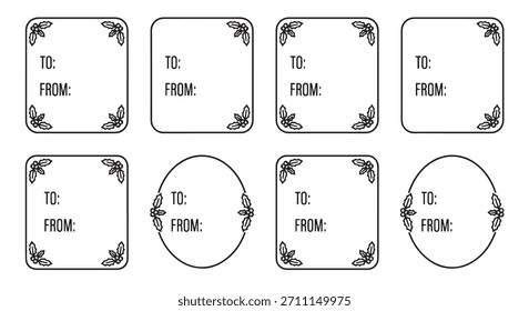 Christmas gift label templates with To and From text. Black line art vector tags with holly decoration isolated on white