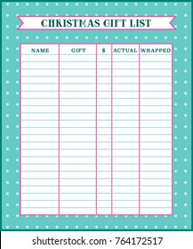 Christmas gift list Printable gift list  for use. Vector illustration.