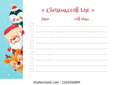 Christmas Gift List template. Cute organizer with a funny cartoon Santa Claus, a little deer and a penguin. Vector 10 ESP.