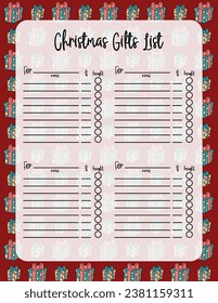 Christmas Gift list. Vector printable template. Blank sheet for Xmas gift ideas. Illustration with cute doodles.