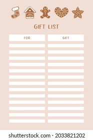 Christmas gift list. Winter gift planner. Printable gift list template, decorated by gingerbread cookies. Business organizer page. Vector illustration. 