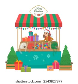 Barraca de mercado de presente de Natal com vendedor sorridente assistente de loja. Personagem menina loja afável. Estância de inverno do festival de férias. Quiosque da cidade de Xmas com toldo verde vermelho. Ilustração de vetor de design plano.