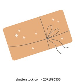 Christmas gift in a minimalist style. The box is wrapped in kraft paper and tied with threads. Environmentally friendly gift wrapping. Preparing for Christmas Eve or New Year. Flat vector isolated.