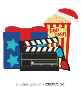 Christmas gift with movie clapper, 3d glasses and bucket of popc