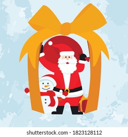 Christmas gift, new year card, Santa Claus and snowman give gifts. Vector.	
