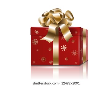 Christmas gift new year holiday red box with golden bow and ribbons, realistic 3d mockup with reflections and shadows isolated on white background. Vector illustration.