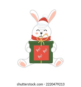 Christmas gift. New Year present. Cute rabbit in Santa's hat holding gift box. Winter holiday illustration. 