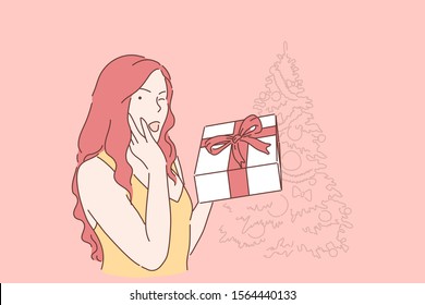 Christmas, gift, New Years eve concept. Young happy woman has prepared surprise for her fiance or lover. Joyful girl got what she wanted for xmas. Traditional celebration. Simple flat vector.