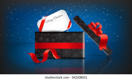 Christmas gift on red background with snow and snowflakes. Merry Christmas Vector illustration. EPS 10
