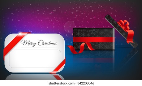 Christmas gift on red background with snow and snowflakes. Merry Christmas Vector illustration. EPS 10