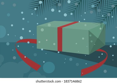 A Christmas gift on snowy winter background