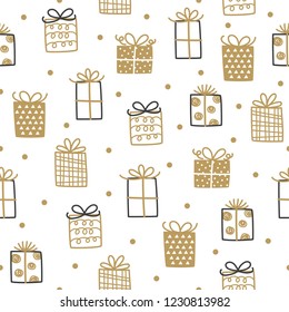 Christmas gift pattern background. Gold and black gifts vector illustration.