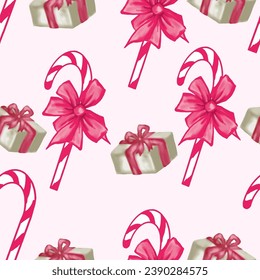 Christmas gift with pink bow and cane seamless pattern for textile, wrapping and scrapbook paper, fabric textile. Vector holiday background