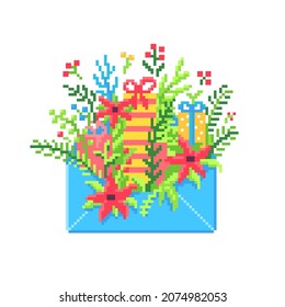 A Christmas gift in pixel art style. A package with presents and Christmas tree branches in an envelope. Vector illustration.