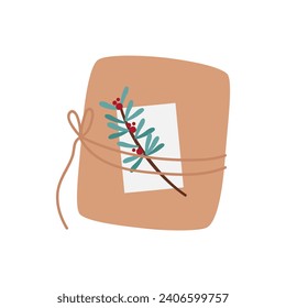 Christmas gift with plant decor. Xmas surprise, winter Christmas tradition flat vector illustration