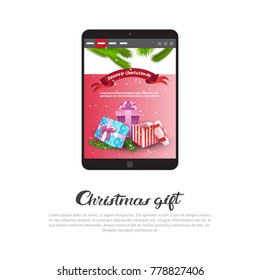 Christmas Gift Poster With Modern Digital Tablet Holday Sale And Discount Concept Vector Illustration