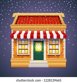 Christmas gift or presents shop or store with red roof, brick wall and tent. Winter xmas and New Year shopping family mall. Exterior view of Holiday market for celebration, gift sale building facade