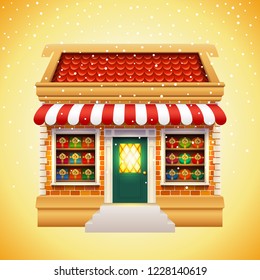 Christmas gift or presents shop or store with red roof, brick wall and tent. Winter xmas and New Year shopping family mall. Exterior view of Holiday market for celebration, gift sale building facade