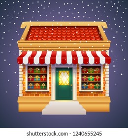 Christmas gift or presents shop or store with red roof, brick wall and tent. Winter xmas and New Year shopping family mall. Exterior view of Holiday market for celebration, gift sale building facade