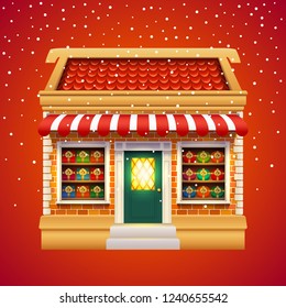 Christmas gift or presents shop or store with red roof, brick wall and tent. Winter xmas and New Year shopping family mall. Exterior view of Holiday market for celebration, gift sale building facade