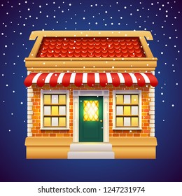 Christmas gift or presents shop or store with red roof, brick wall and tent. Winter xmas and New Year shopping family mall. Exterior view of Holiday market for celebration, gift sale building facade