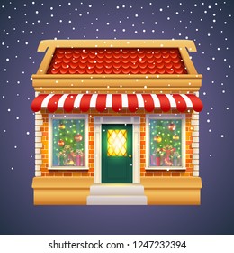 Christmas gift or presents shop or store with red roof, brick wall and tent. Winter xmas and New Year shopping family mall. Exterior view of Holiday market for celebration, gift sale building facade