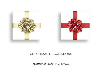 Christmas gift. Realistic presents with metallic red and gold ribbon bow. Xmas and New Year gift decoration.
