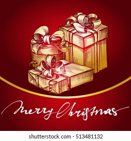 Christmas gift, red background hand drawn vector llustration sketch