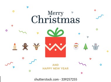 Christmas Gift with red ball, tree, snowman, deer and Santa isolated on white background. Christmas Greeting Card