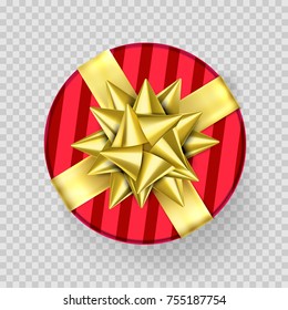 Christmas gift red box New Year present in golden ribbon bow and wrapping paper wave pattern. Round gift box for Birthday or Christmas holiday greeting card design isolated on transparent background.
