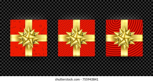 Christmas gift red box New Year present in golden ribbon bow and wrapping paper wave pattern. Luxury gift box for Birthday or Christmas holiday greeting card design isolated on transparent background.