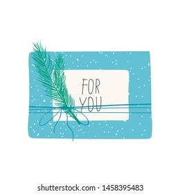 Christmas gift with ribbons, hand drawn texture, greeting card and lettering. Cute gift box colorful isolated on white background for Christmas day. Vector illustration
