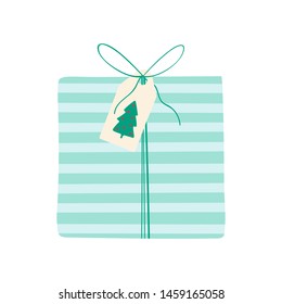 Christmas gift with ribbons, hand drawn texture, greeting card and lettering. Cute gift box colorful isolated on white background for Christmas day. Vector illustration