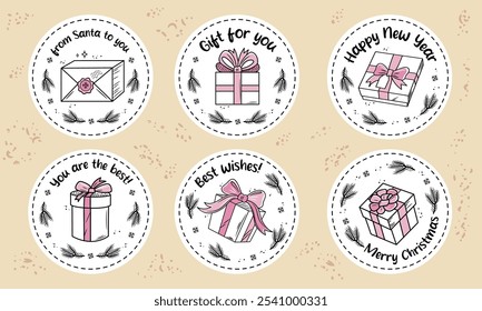 Christmas gift round tag set. Circle winter holiday labels. You are the best. Vector template in doodle style.
