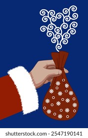 Christmas gift. Santa Claus hand holding small Christmas red gift bag. Vintage engraving, stylized drawing. Vector illustration