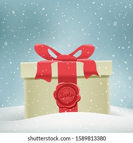 Christmas gift from Santa on snowy winter background. Holiday greeting present box with stamp.