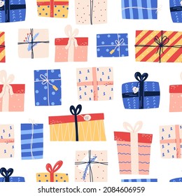 Christmas gift seamless pattern in hand drawn cartoon style - vector illustration on white background. 