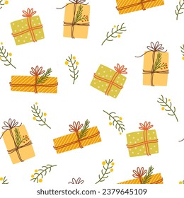 Regalo de Navidad sin fisuras. Textura de año nuevo para impresión, papel envolvente, diseño, tela, decoración, regalo. Fondo de dibujo de la mano del vector 