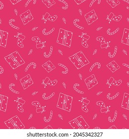 Regalo navideño sin fisuras de calcetín, chile y caja de regalo. Textura vectorial interminable de elementos de doodle para el diseño de Año Nuevo.