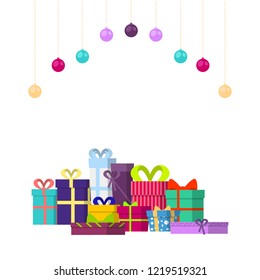 Christmas gift set and Christmas balls. Colorful boxes for the holiday. Flat vector illustration style. 