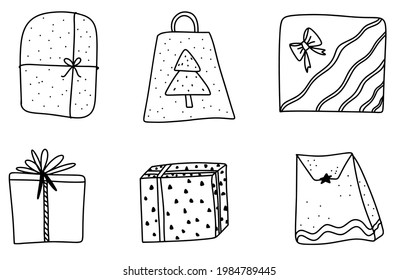 christmas gift set, gift box collection, doodle set, packaging icons, vector graphics, freehand drawings, line art, white isolated background