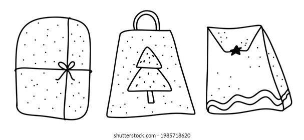 christmas gift set, gift box collection, doodle set, packaging icons, vector graphics, freehand drawings, line art, white isolated background