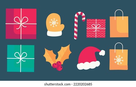 Christmas gift set icons vector, garlands, mistletoe, hats, gloves, christmas candy and shopping bags everything on a blue background.